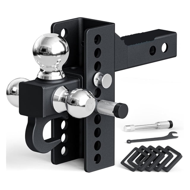 Tri-Ball Mount Adjustable Trailer Hitch with Tow Hook, Fits 2-Inch Receiver, 4.5-Inch Rise/Drop