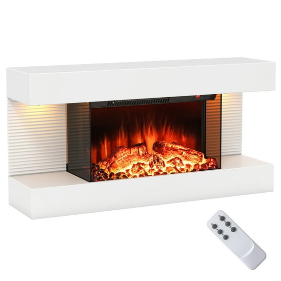 Giantex Wall-Mounted Electric Fireplace Mantel, 18" Fireplace & 32" Floating Mantel, 750W/1500W All-in-One Fireplace