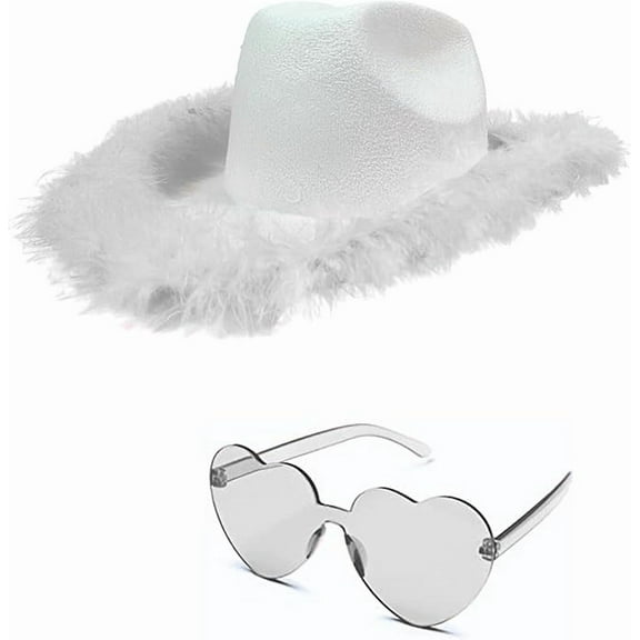 4E's Novelty Felt Cowgirl Hat w/ Heart Sunglasses, White Cowboy Hat Women, Bachelorette Party Set