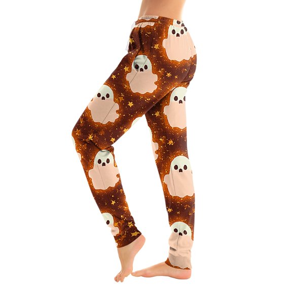 IYYVV Halloween Pajama Pants Womens Baggy Ghost Sweat Pants Winter Fall Lounge Joggers with Pocket Earthy Yellow L