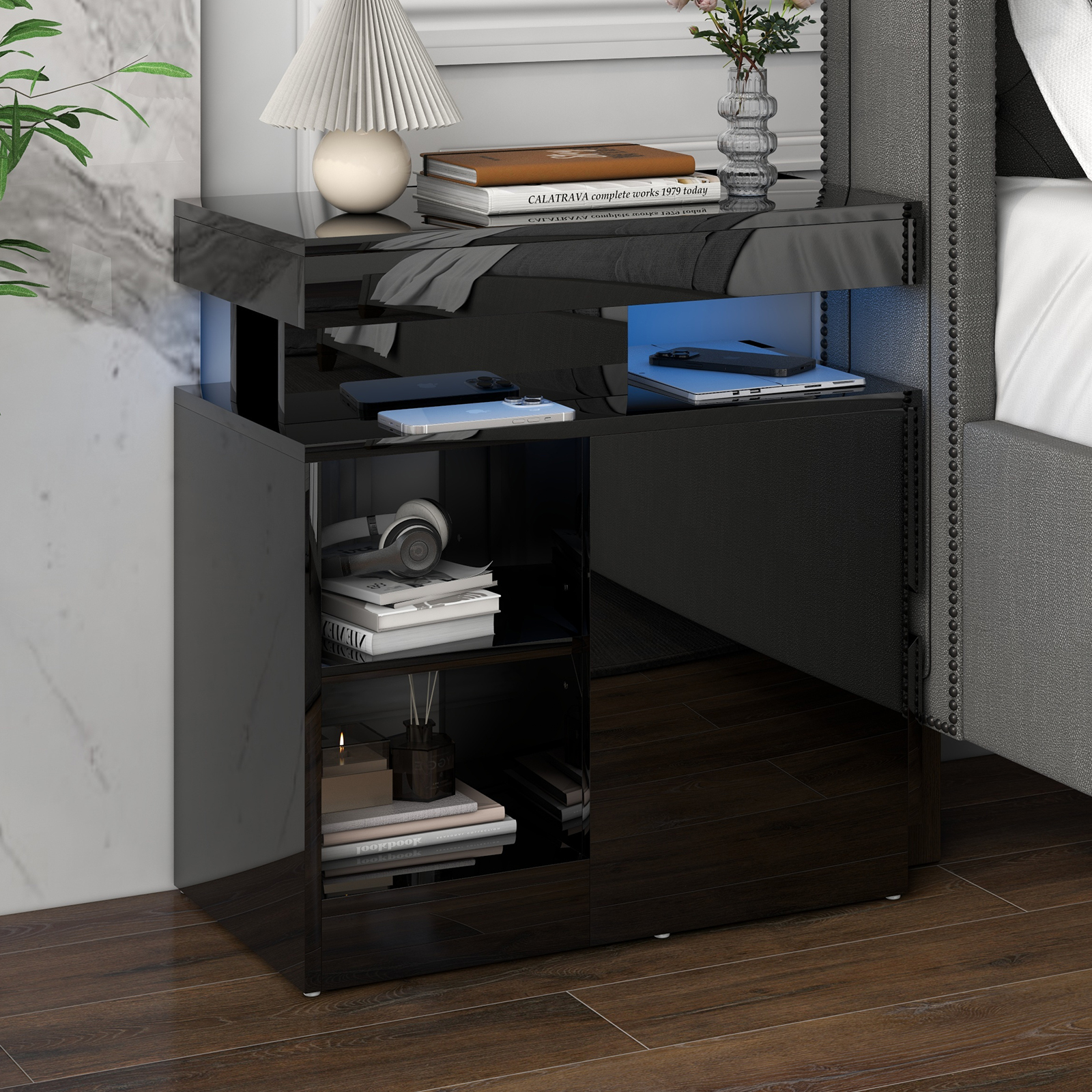 Modern End Table with Charging Station and Drawers, High-gloss Surface LED Light Strip with 15 Color Options, Stylish Storage Solution for Living Room, Bedroom, Study, Set of 2, Black