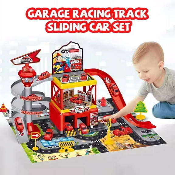 Parking Garage Toy Playset, Race Car Ramp Track with 3 Alloy Adventure Track for Toddler, Gifts for Age 3-7 Kids-Red