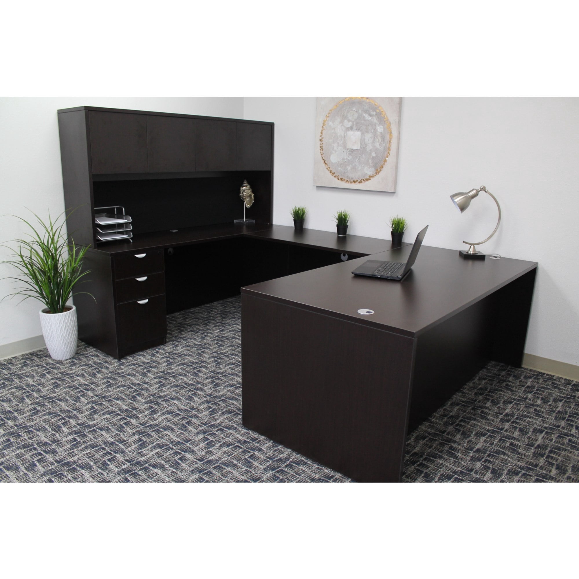 Boss Office Products U-Shape Desk Credenza with Pedestal and Hutch in Mocha