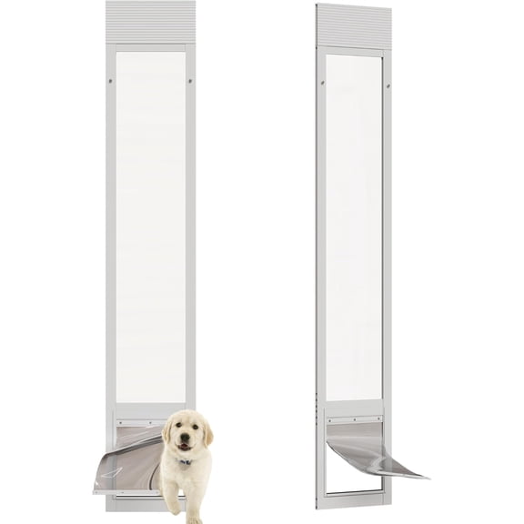 Dog Door for Sliding Glass Doors, Adjustable Height 76 1/8"-80 7/8" Aluminum Frame Tempered Patio Door Dog Doors Insert with Lock, 7 x 11 Clear Flap Size for Medium Dogs
