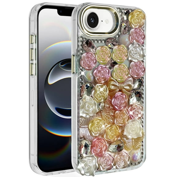 For iPhone 17E / 16E / SE4 Muti-Color Floral Bling Stones Ornaments Case - Orange