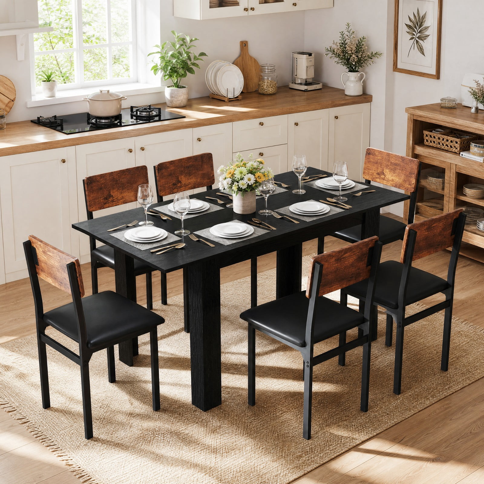 Furnibear Extendable Dining Table for 4 to 8 People with Sliding Rails and Thick L Shaped Legs for Kitchen and Dining Room, Black