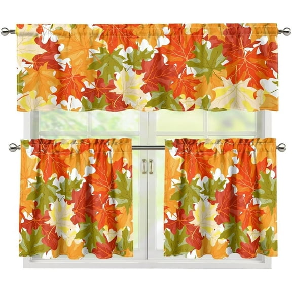 Fall Maple Kitchen Curtains Tiers and Valances Set, Thanksgiving Rod Pocket Valance Short Window Treatment Decor Curtains, 3 Pieces Set