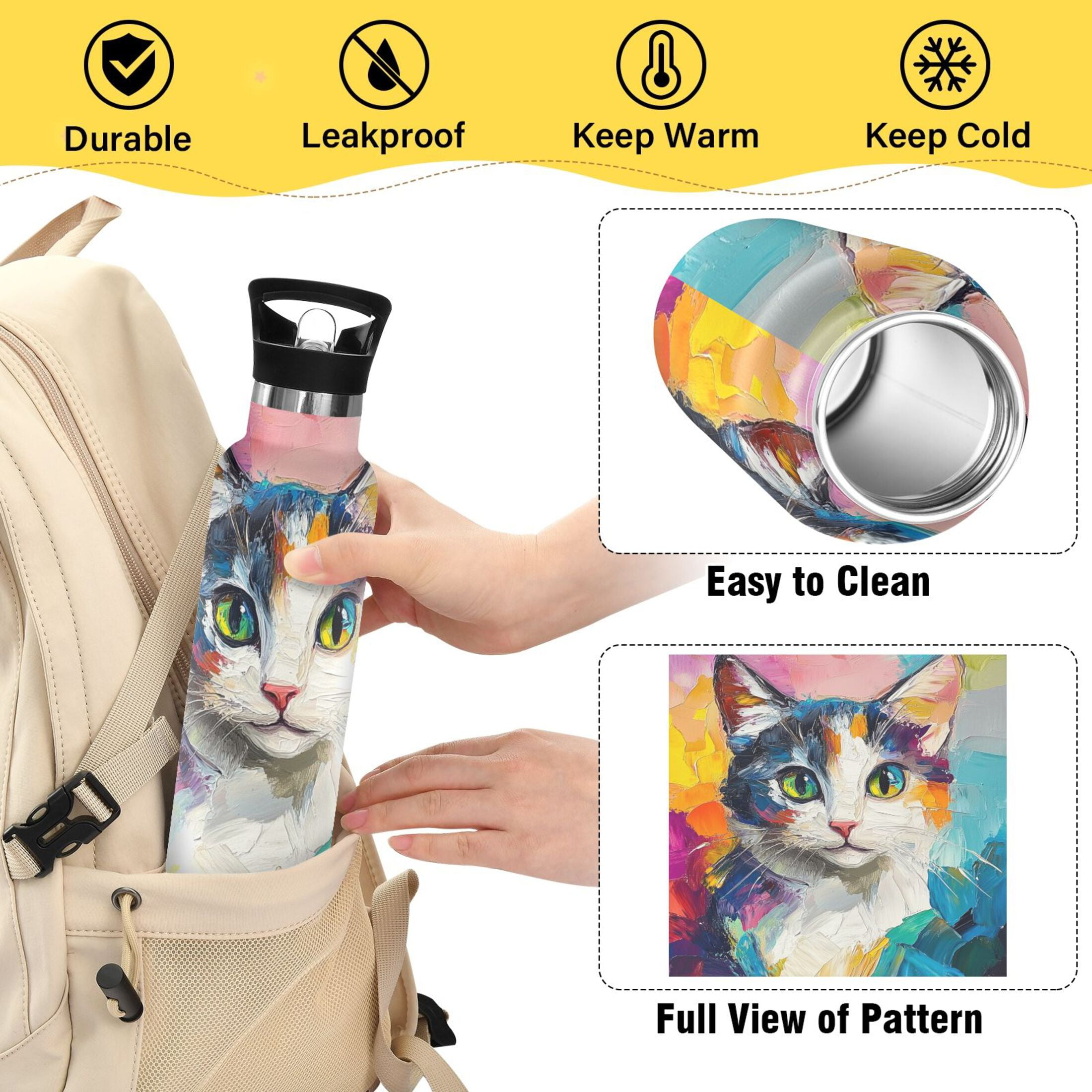 600ML Stainless Steel Insulated Cup Sports Water Bottle Portable Thermos Cup Water Glasses Insulated Tumblers Convenient and Durable Cute Cat in Oil Painting