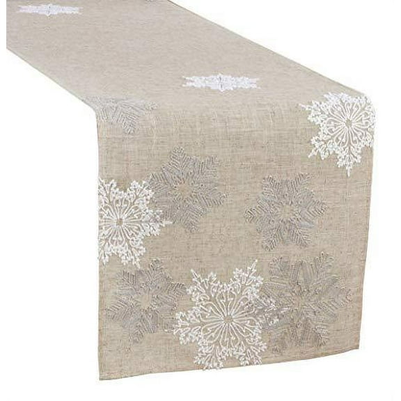 Fennco Styles Snowflake Embroidery Table Runner 16x70 Inch Rectangular – Natural Table Cover for Home Décor, Dining Table, Banquets, Holidays and Special Occasions