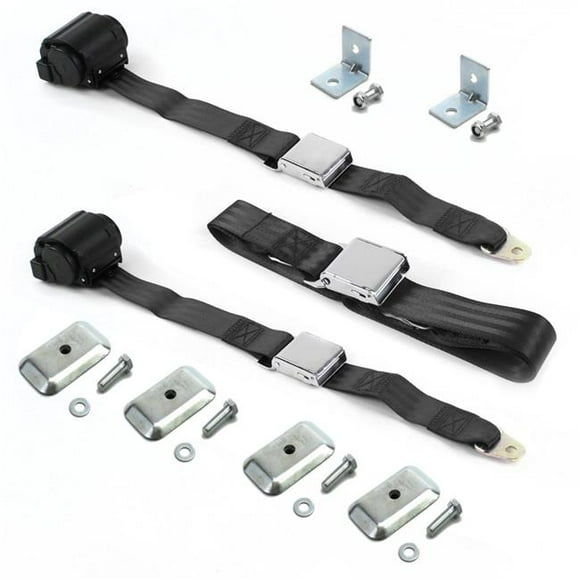 Airplane 2 Point Black Retractable Bench Seat Belt Kit with Bracketry for 1962-1980 Triumph Spitfire - 3 Belts