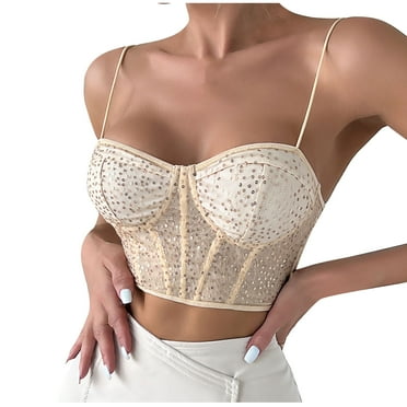 Lufly Women's Summer Sleeveless Slim Sexy Lace Net Yarn Sequins Fish Tank Blouse Top,Beige,S