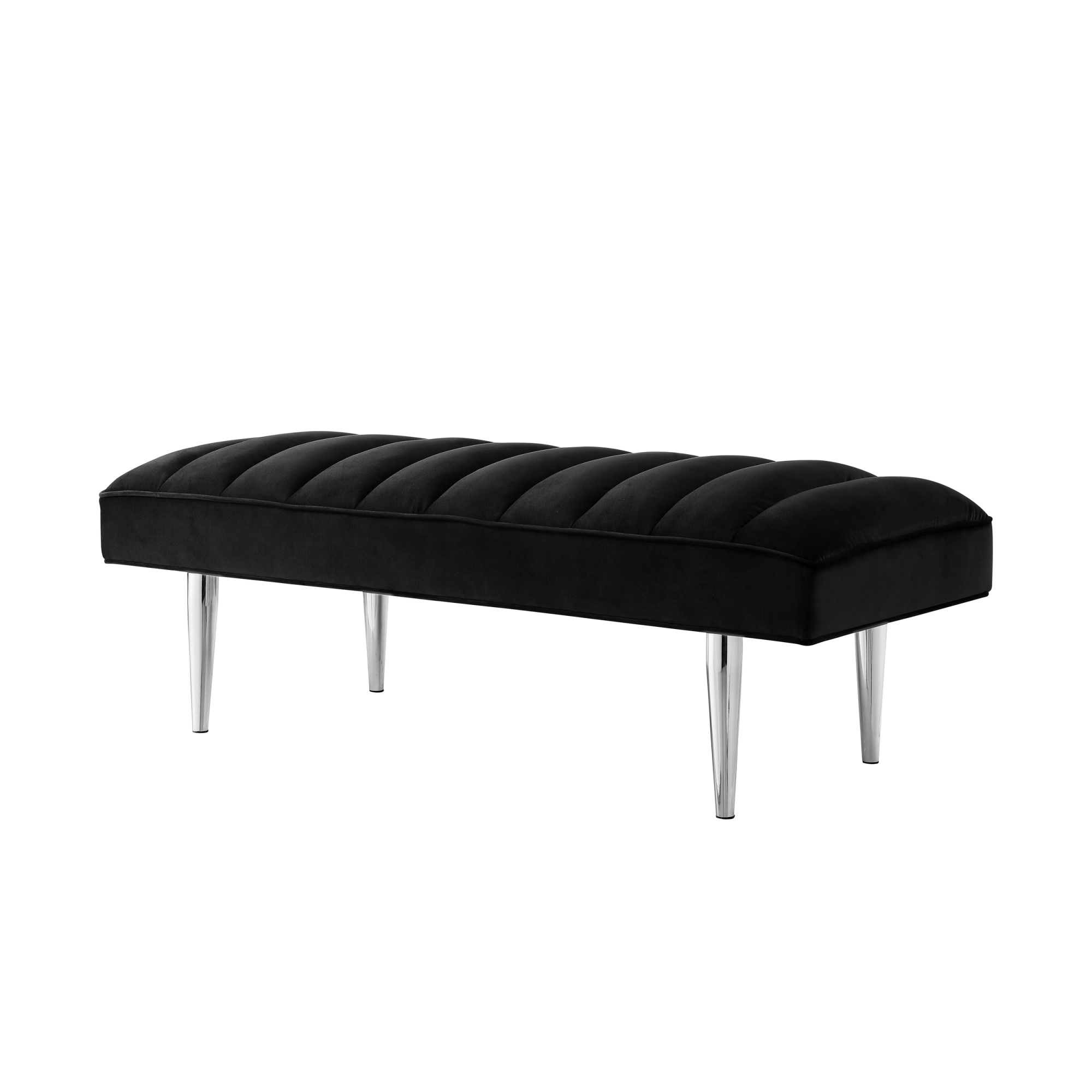Bodie Black/Chrome Velvet Bench - Upholstered, Channel Tufted, Tapered Mirrorred Lacquer Finish Stainless Steel Legs