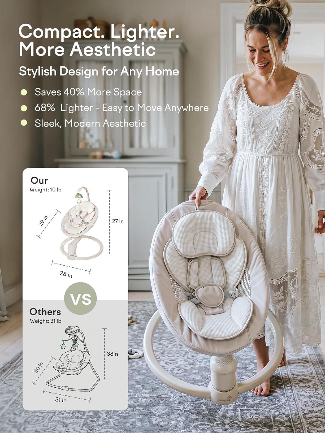 Grownsy Baby Play Swing, Smart Portable High View Swing with Music, Lightweight Foldable 360° Rotating Entertainment Chair Classic Oat - Only For Awake Babies Under Adult Supervision