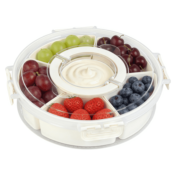 Snack Containers with Lids, Portable Divided Serving Tray with Handle, Round 6 Compartment Snack Containers for Party, Picnic and Travel, Beige