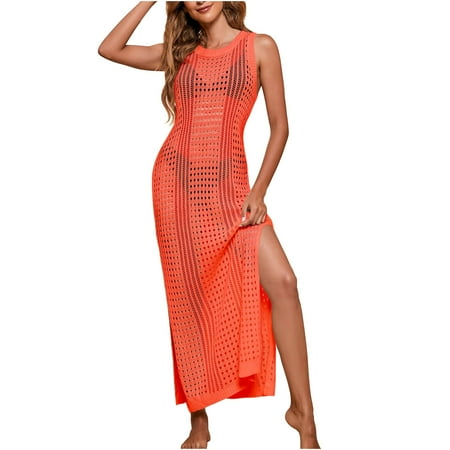 Summer Saving Wycnly Formal Dresses for Women Sleeveless Round Neck Solid Summer Long Dresses Beach Sun Protection Bikini Swimsuits Cover Up Dress Orange L