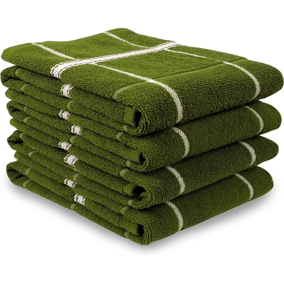 MALLOWEX Terry Kitchen Towels Set of 4 Solid Checks | 16 x 26 inches | Super Soft and Absorbent | 100% Cotton Dish towel for Drying Dishes | Green