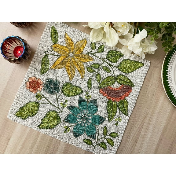 Set of 2, Spring Handmade beaded placemat, floral table mat, bead charge