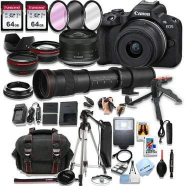 Canon EOS R50 Mirrorless Camera18-45mm Lens  420-800mm Super Telephoto Lens   128GB Memory, LED Light, Spare Battery, Filters,Case, Tripod, and More (46pc Video Bundle)
