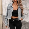 thumbnail image 3 of Hvot&aat Women's Studded Denim Jacket Long Sleeve Button-Up Turndown Collar Denim Outwear Distressed Frayed Cropped Jean Coat, 3 of 7