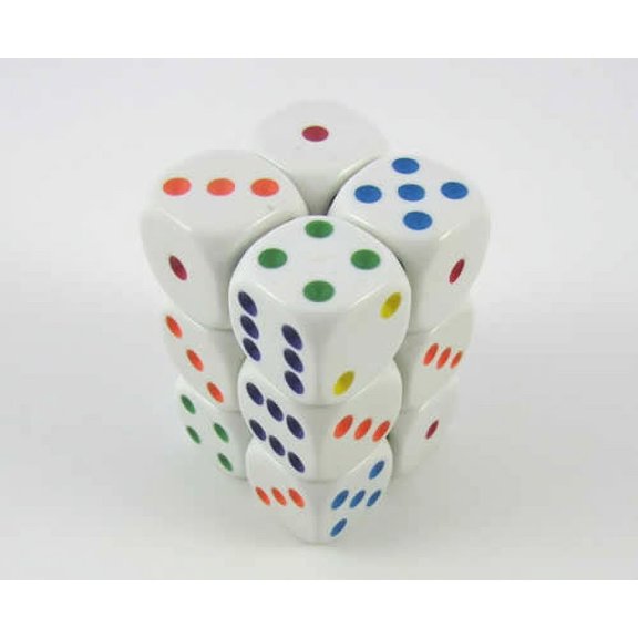 White Opaque Dice with Multi-Colored Pips D6 16mm (5/8in) Pack of 12 Koplow Games