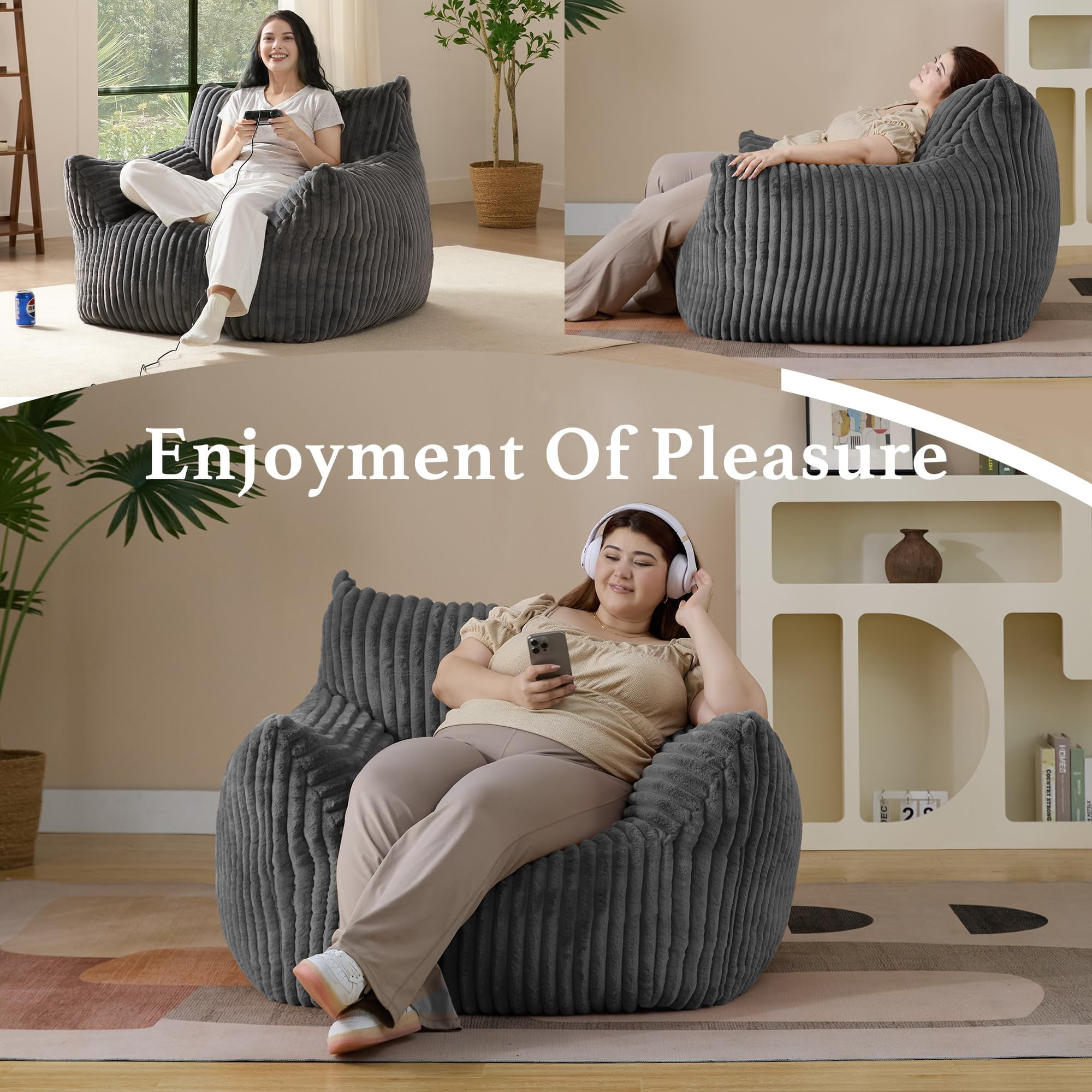 Plush Bean Bag Chair for Living Room, Oversized Comfy Bean bag Lounge Chair Lazy Floor Sofa Couch for Bedroom, Dorm, Grey