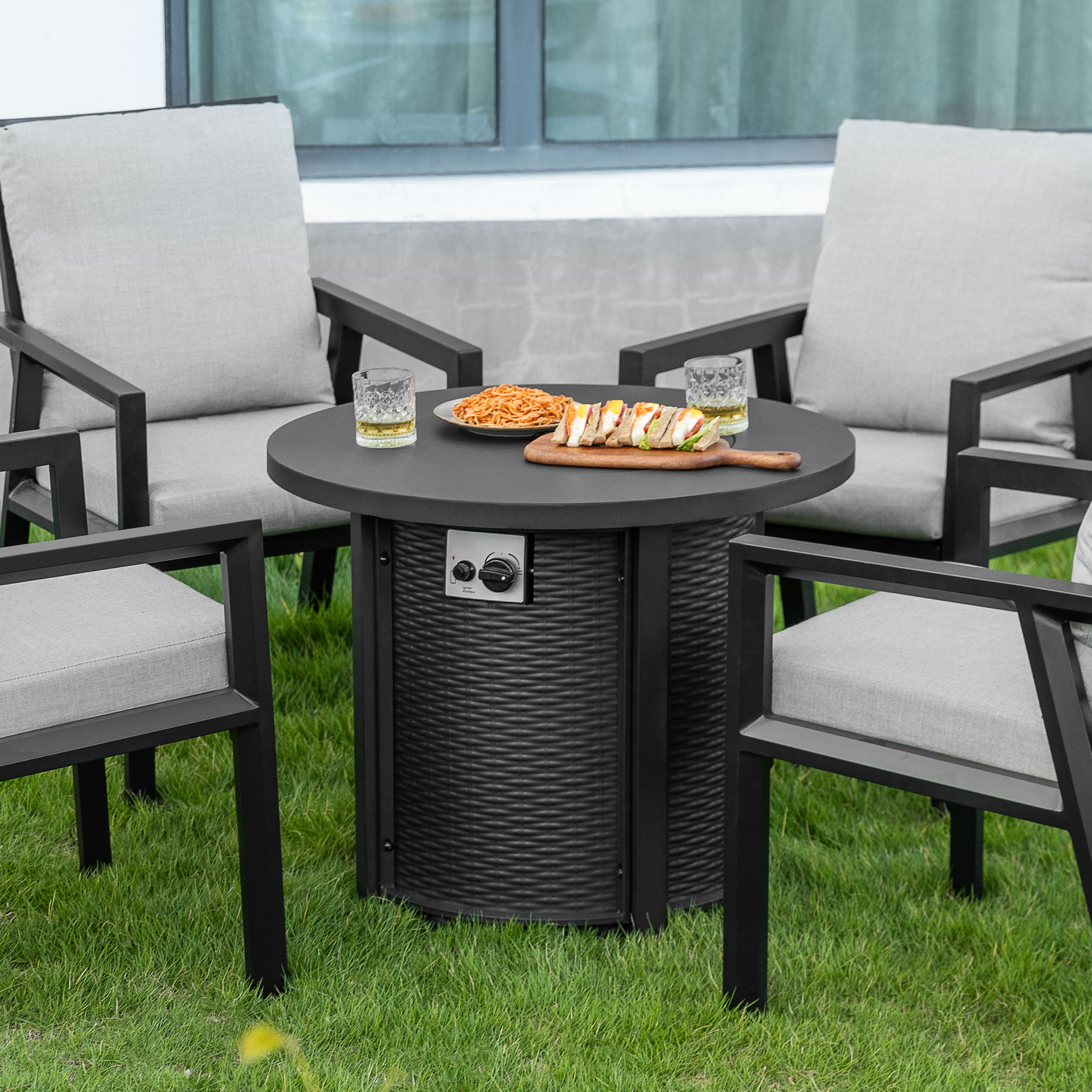Nuu Garden Outdoor Metal 30'' Round Propane Fire Pit Table with Rattan Embossed Pattern, CSA-Certified 2 in 1 Round Gas Fire Pit Table with Lid & Lava Rocks, Patio Round Gas Fire Pit, Black