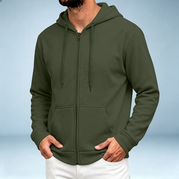 Men's Full Zip Up Hoodie Drawstring With Pocket Casual Sweatshirt Top Basic Minimal Tops Green 2XL