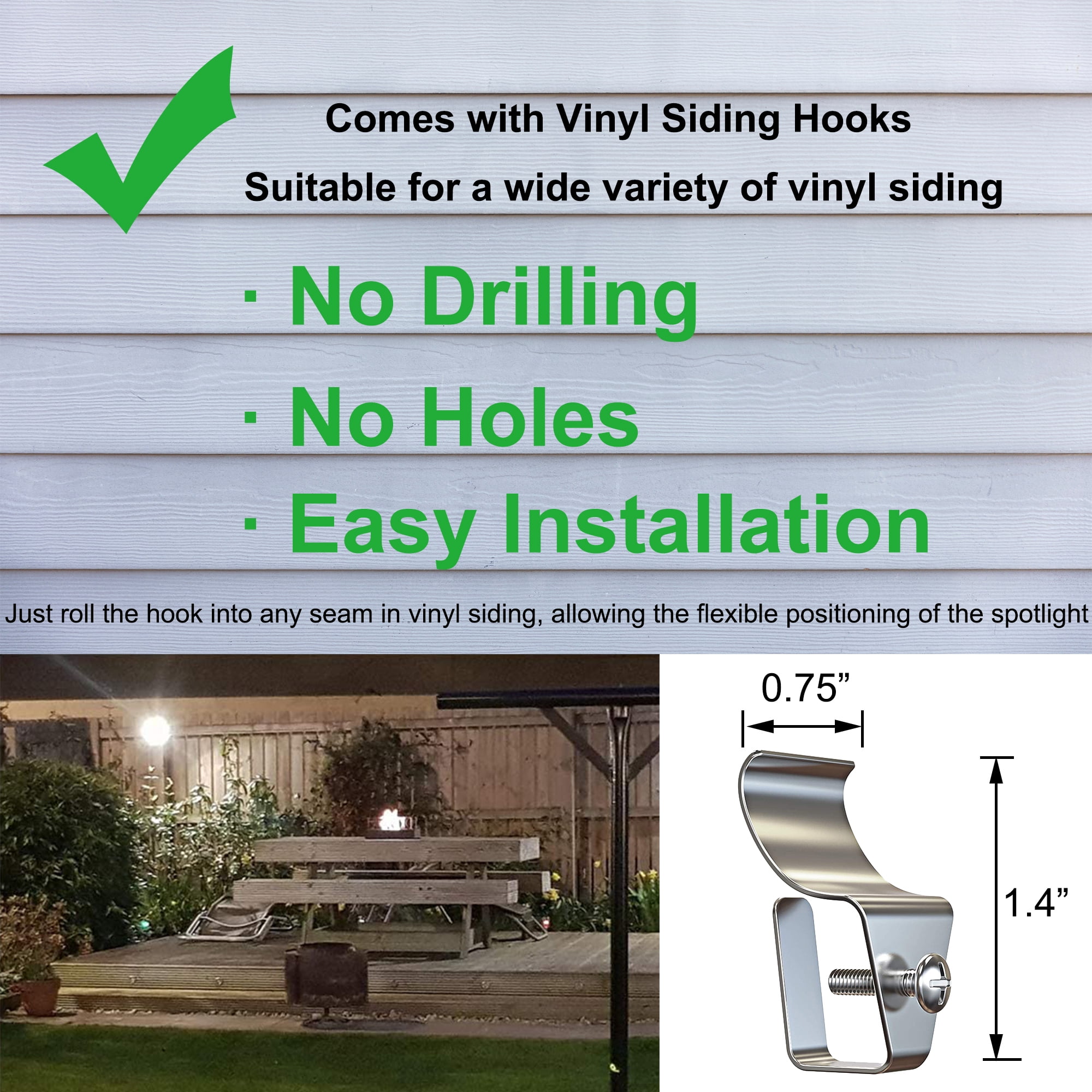 Kiven Solar security lights motion outdoor,1-Light Waterproof Security Flood Light with Vinly Siding Hooks for Garage Porch Garden Vinly Siding,6000K/Cool White