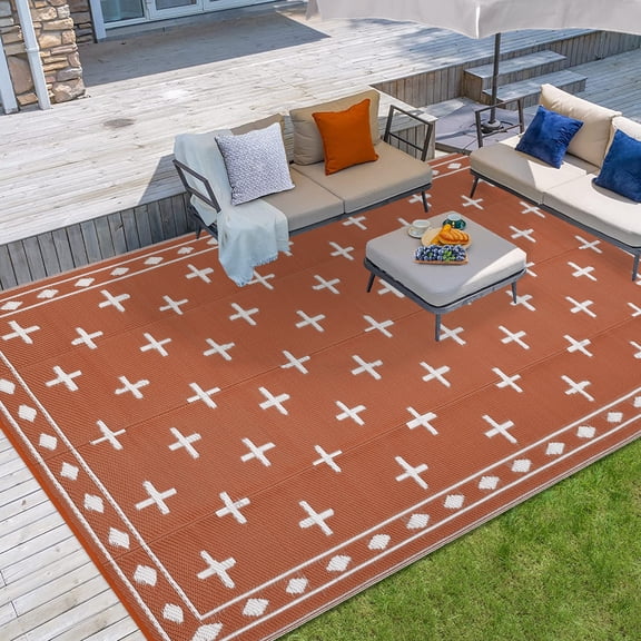 GOCAPTAIN 9x12 FT Waterproof Outdoor Rug, Reversible Plastic Straw Patio Mat, Modern Geometric Rug for Camping, Backyard, Porch, Red Peach Orange/White