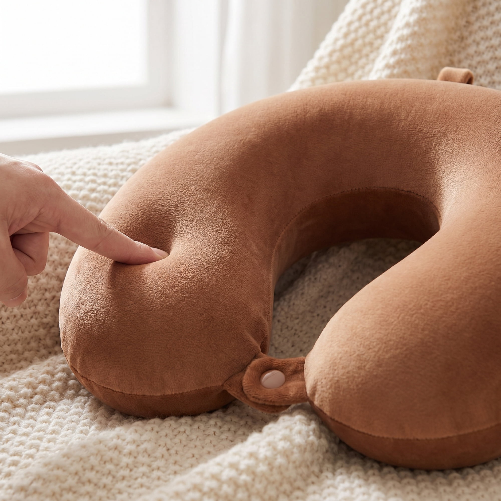 Unique Bargains Memory Foam Travel U Shape Neck Pillow Snap Closure Bean Brown 12"x12"x4"