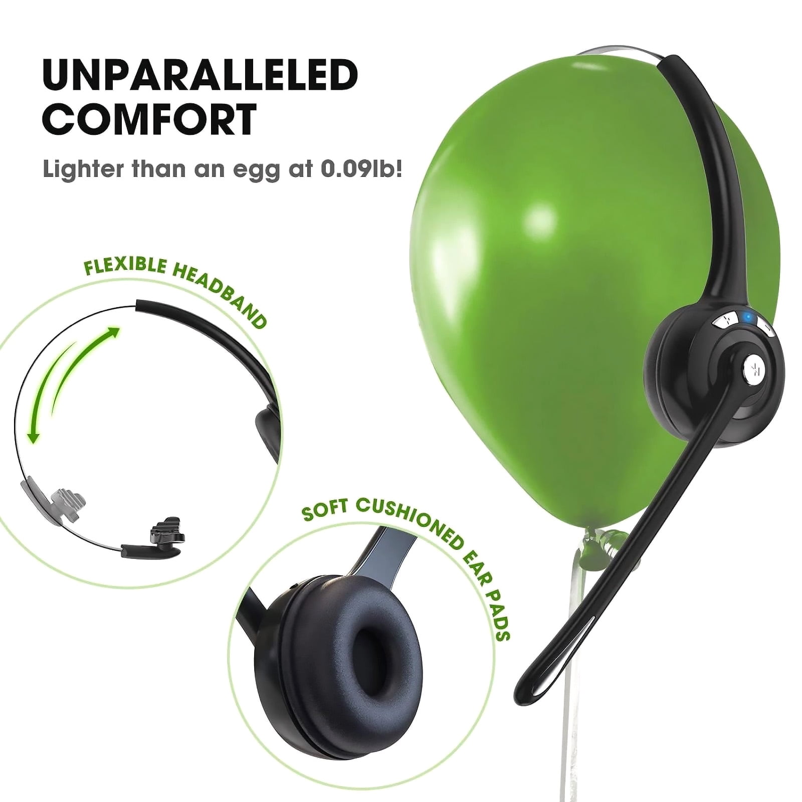 ARCADORA Bluetooth 5.0 Headset Noise Cancelling Microphone 13Hrs Playtime 220Hrs Standby Multi-Point Black Lightweight Over-Ear Clear Calls