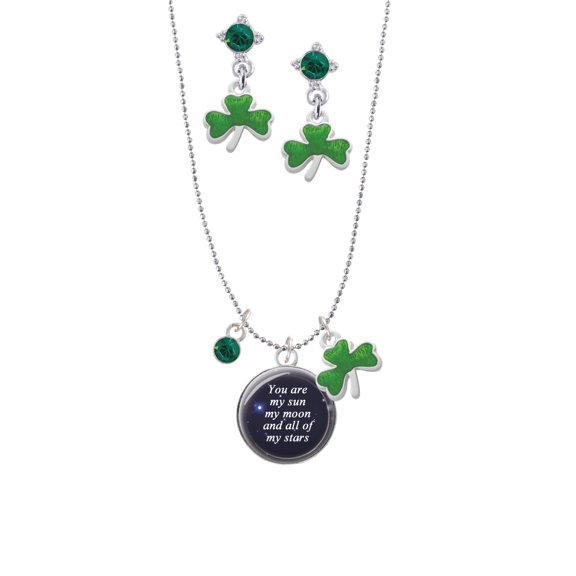 Delight Jewelry Silvertone Domed You are My Sun, My Moon Green Shamrock Necklace and Clover Earrings Jewelry Set