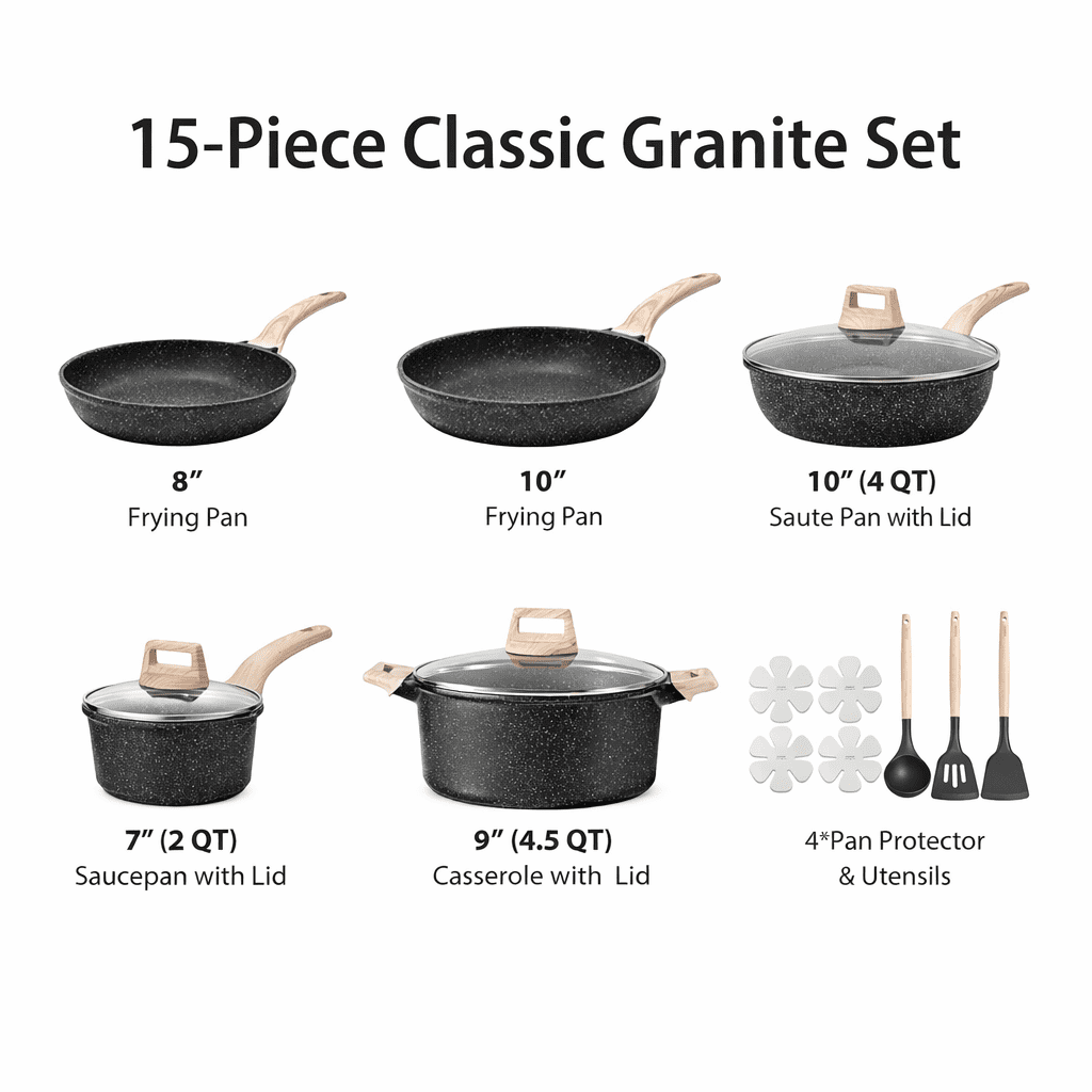 Slowfeel 15-Piece Pots and Pans Set, Nonstick Cookware Set with Utensils, Induction Compatible, Black Granite