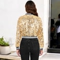 thumbnail image 3 of Women's Sequin Bomber Jacket with Striped Ribbed Trim and Zip Front- XX Large, Gold, 3 of 6