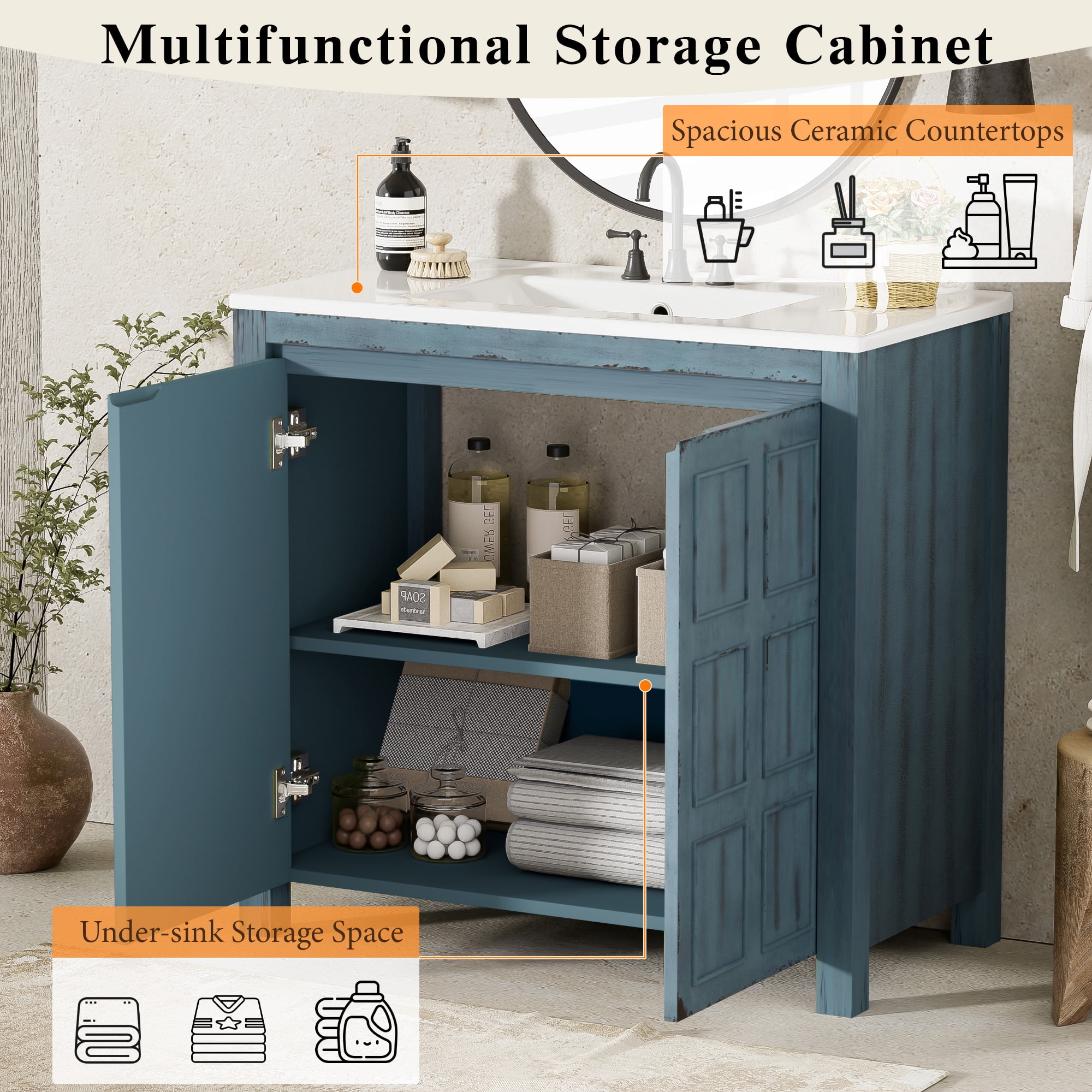 Euroco 36 " Bathroom Vanity Organizer with Ceramic Sink, Set Bathroom Storage Cabinet, Retro Blue