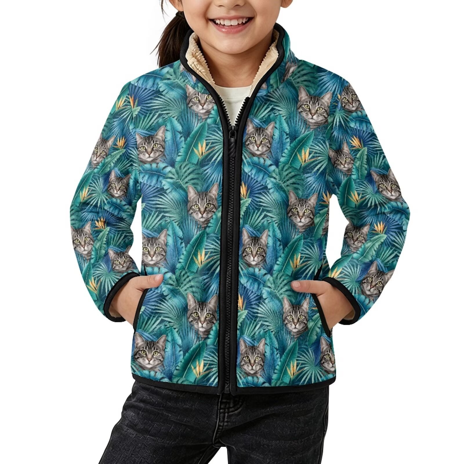 Xoenoiee Tropical Palm Leaves Cat Print Girls Zip Up Jacket Soft Sherpa Fleece Coat Kids Lightweight Sweatshirt Stand Collar Outerwear Long Sleeve Winter Warm Coat with Pockets 3 Years