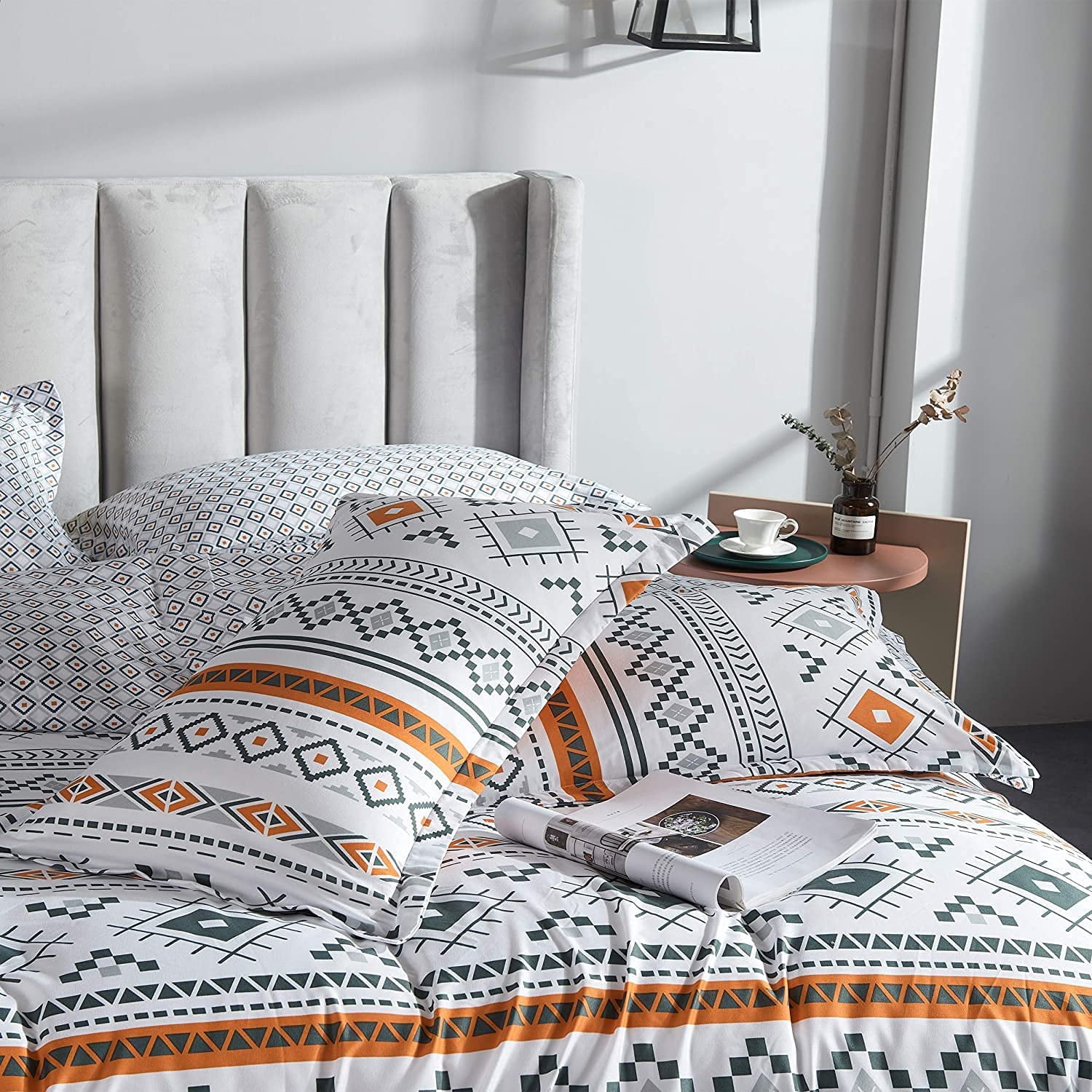 Bohemian Duvet Cover Set Queen Boho Orange and White Geometric Comforter Cover Set Full 90"x90" Soft Breathable Durable Geometrical with Zipper Closure and Corner Ties 3 Pieces Bedding Set
