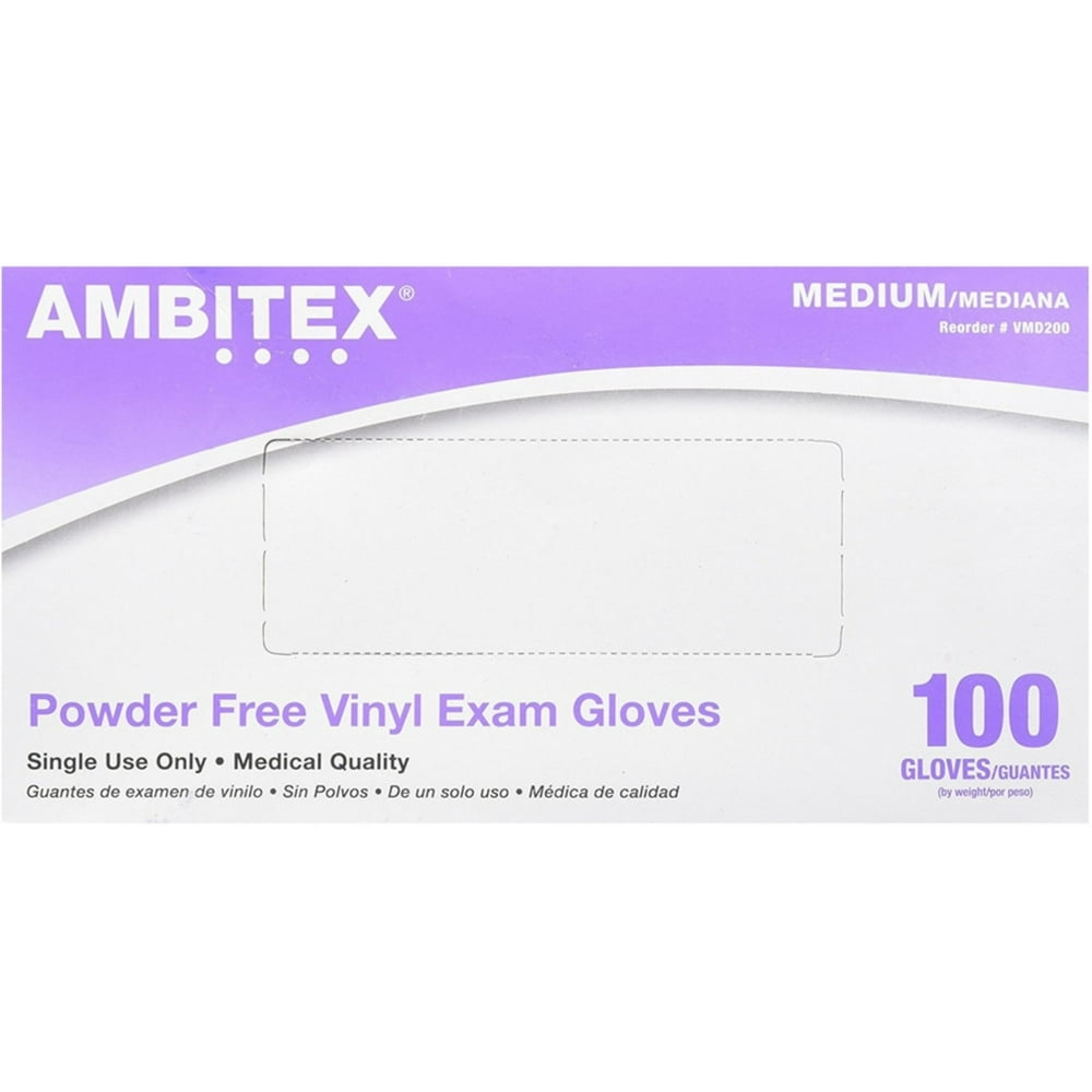 Ambitex Synthetic Vinyl Powder Free Exam Gloves, Medium 100 Each