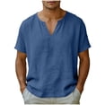 thumbnail image 3 of Men's Linen Cotton V-Neck T-Shirt Casual Beach Top Short Sleeve Summer Soft Breathable Loose Fit Daily Vacation Streetwear | Zenithor,Navy 4XL, 3 of 9