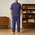 thumbnail image 4 of Men's Cotton Linen Kung Fu Uniform 2 Piece Set Loose Fit Breathable Lightweight Tai Chi Clothing for Training and Practice Short Sleeved Shirt Tops and Pants Size 5XL Navy, 4 of 9