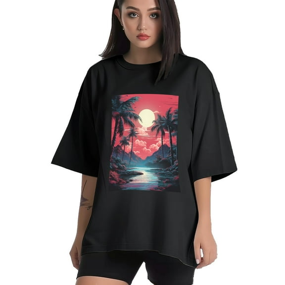 Plus Size Shirt for Women Black Tops for Women Short Sleeves Shirt for Women Vintage Landscape T Shirt Crewneck Shirt for Women XS
