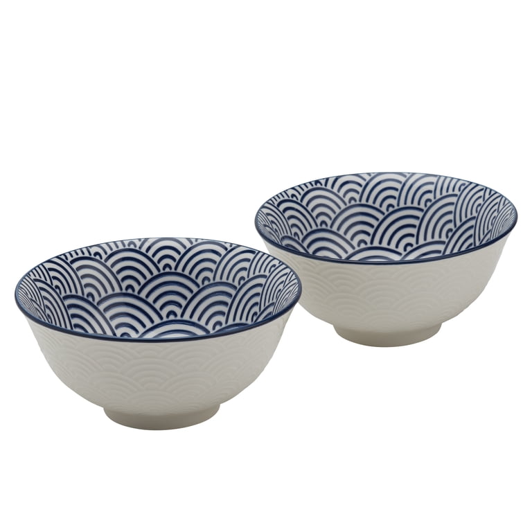 Set Of 6 Japanese Ramen Bowls - 38 Oz Ceramic, Blue & White Pattern, 8 Inch Wide, Microwave & Dishwasher Safe