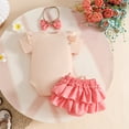 thumbnail image 4 of CUZIBR Baby Girl Toddle Romper Outfits Floral Graphic Short Sleeve Round Neck Jumpsuit Stylish Elastic Waist Cute Bow Ruffled Tiered Skirts Headbands 3 Piece Clothes Sets,Pink,0-3 Months, 4 of 4