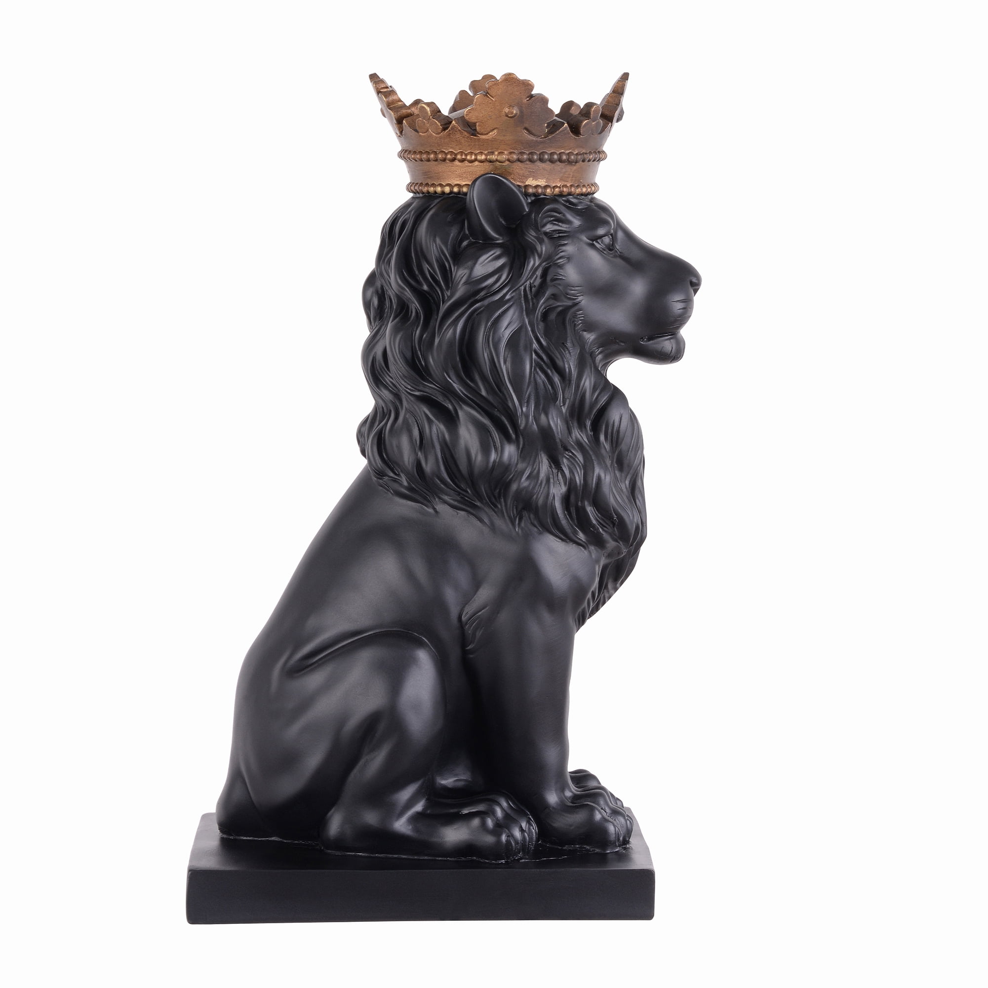 14.5" H Black Sitting Lion W/ Gold Crown Resin Statue Statue Home Decor Living Room Display