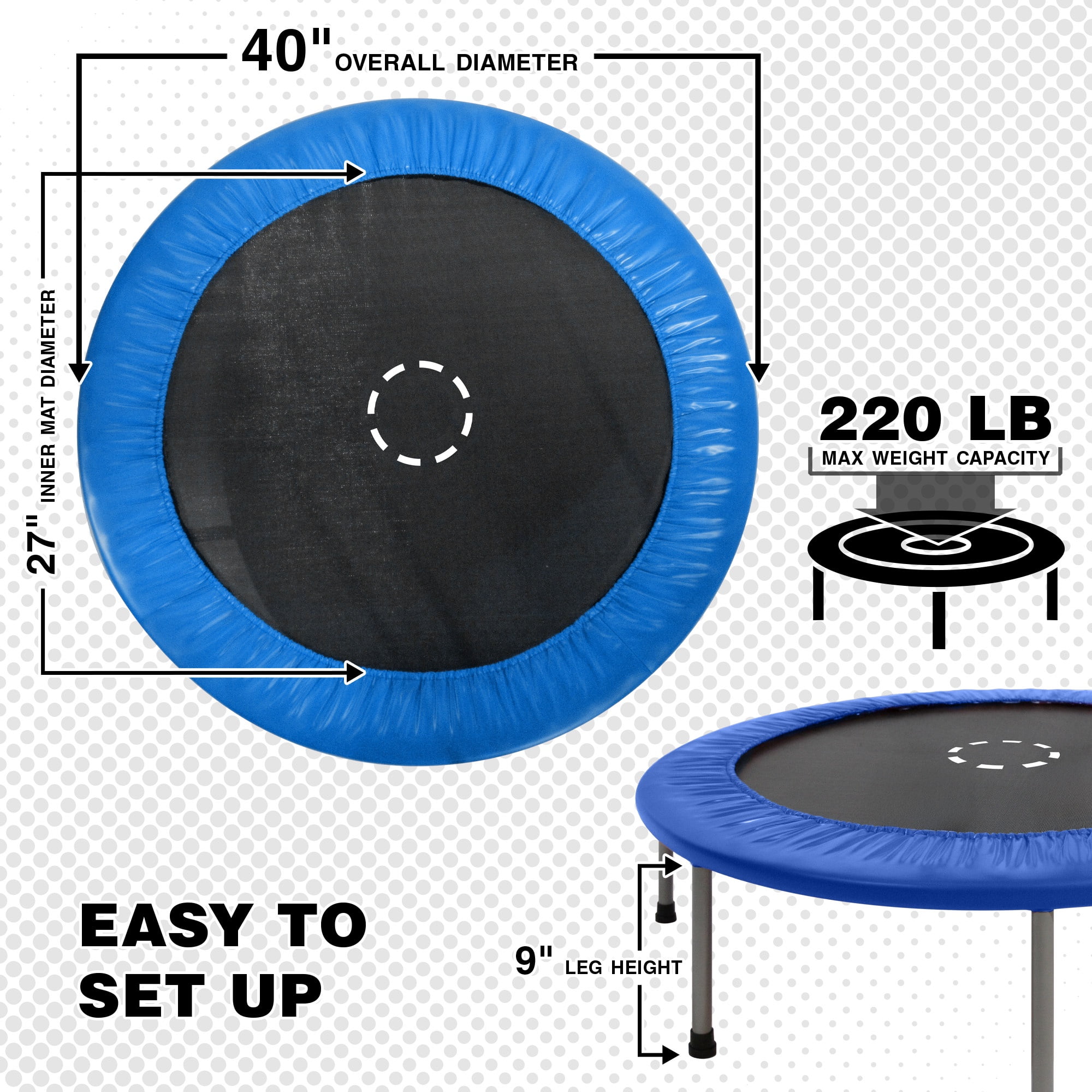 Sportspower TruJump 40" Indoor & Outdoor Fitness Rebounder Mini Trampoline with Padded Spring Cover, BLUE