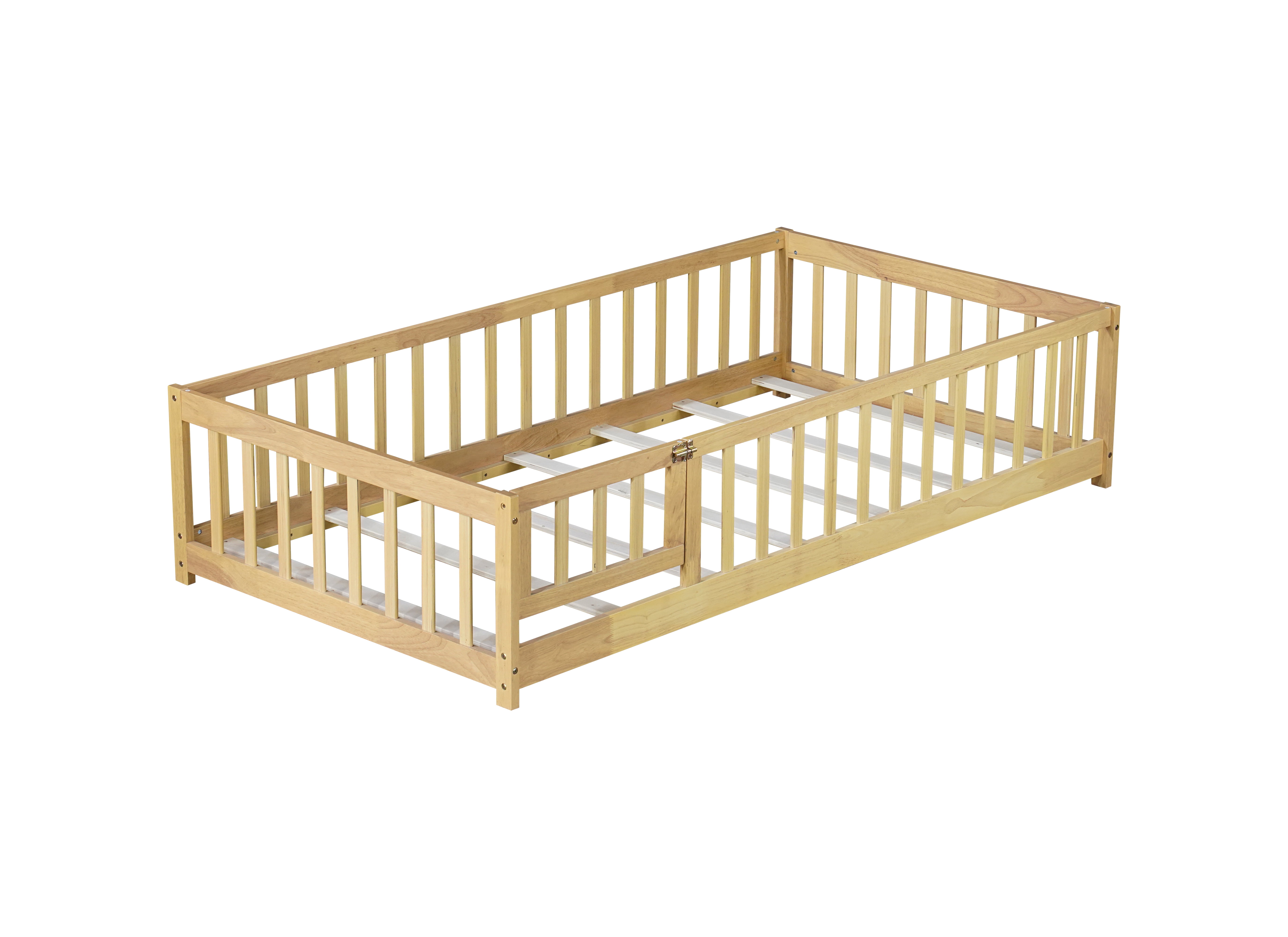 Twin Size Rubber Wood Floor Bed with Fence & Door, Montessori Floor Bed with Safety Guardrails, Natural Finish, No Box Spring Needed