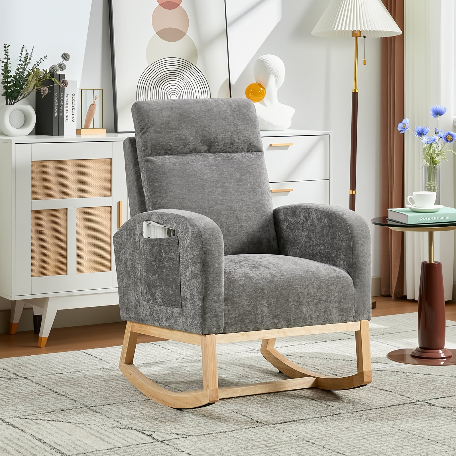 Rocking Chair Nursery, Glider Rocking Chair with High Back & Side Pocket, Teddy Upholstered Glider Rocker with Padded Seat High Backrest for Living Room/Bedroom/Nursery
