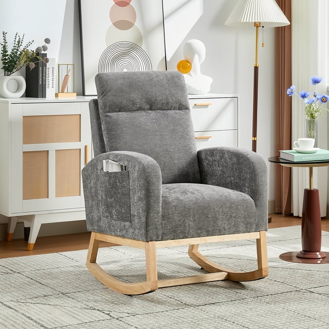Upholstered Nursery Glider Rocking Chair with High Backrest & Padded Seat, Compact Accent Chair for Baby Room & Bedroom