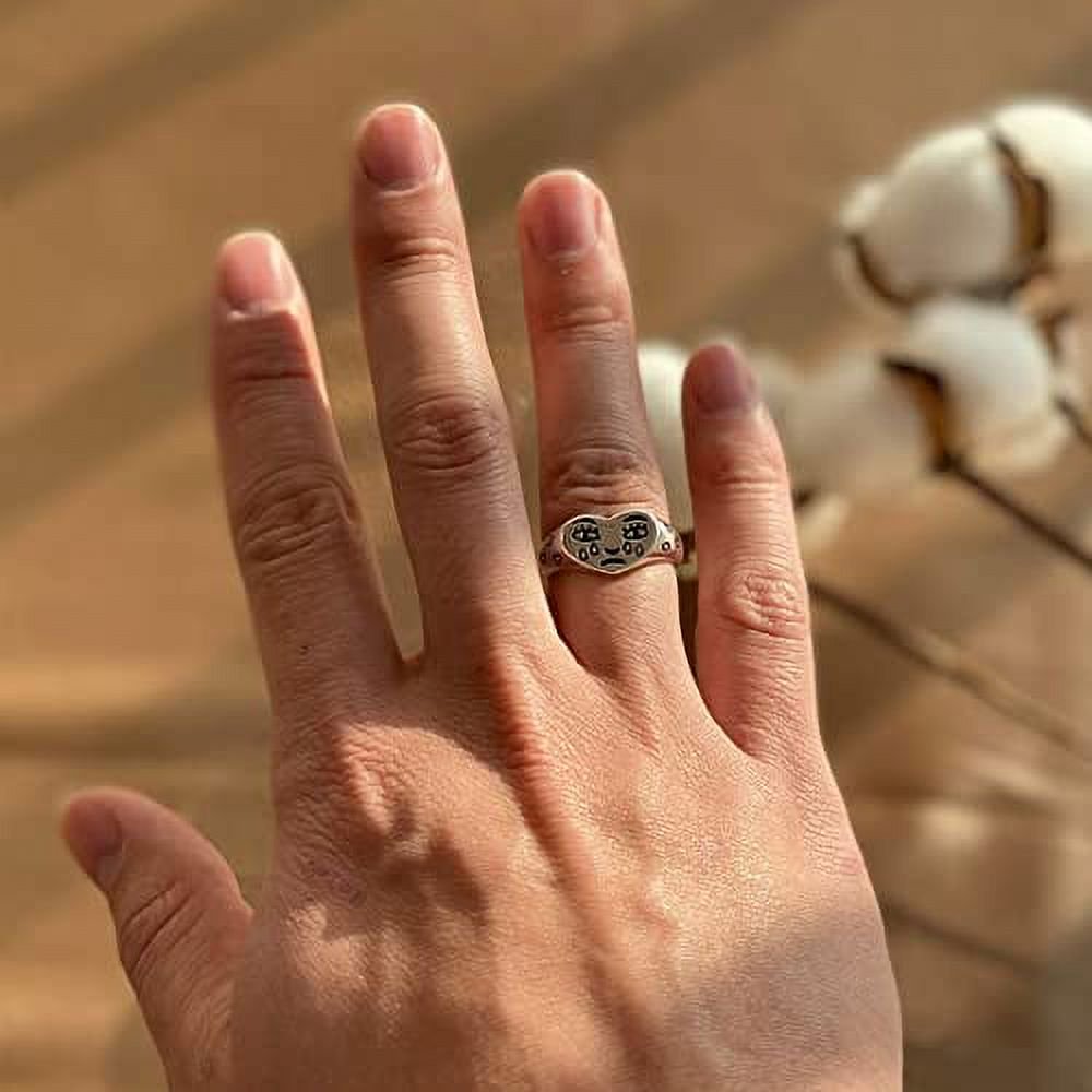 JHIJHOO Crying Heart Ring Silver Sad Face Ring for Women Girls Fun