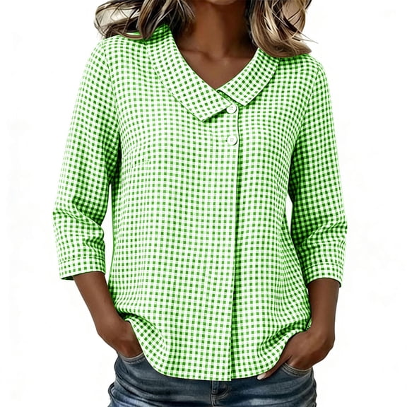 Maplenight Cotton Linen Blouses for Women 3/4 Sleeve Collared Button Plaid Shirts Casual Office Work Tops